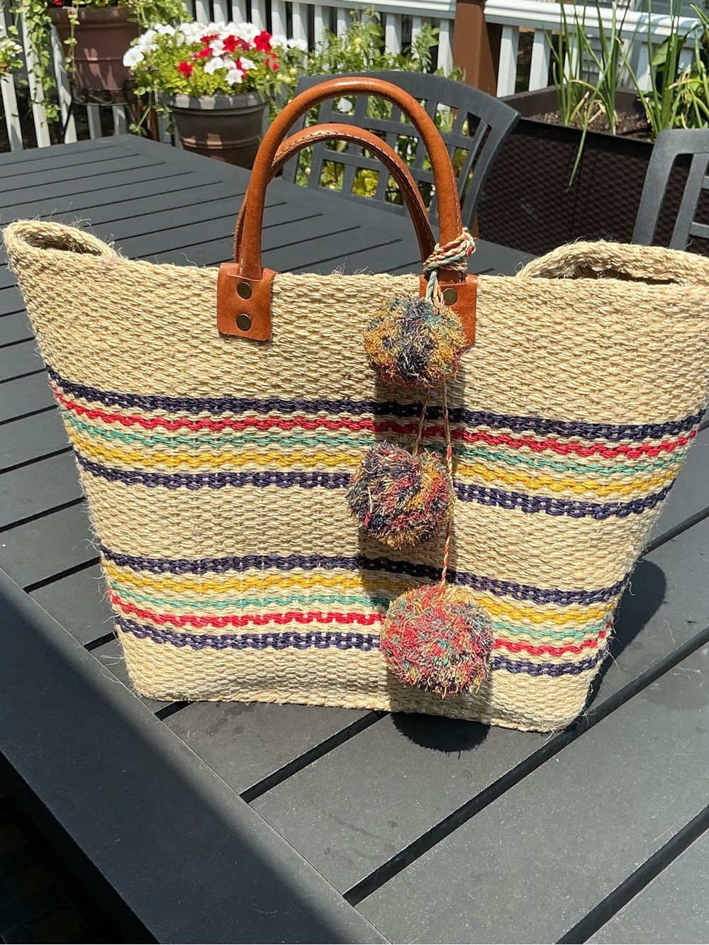 Natural Straw Tote with Multicolor Stripe Accents and Pom-Pom Charm